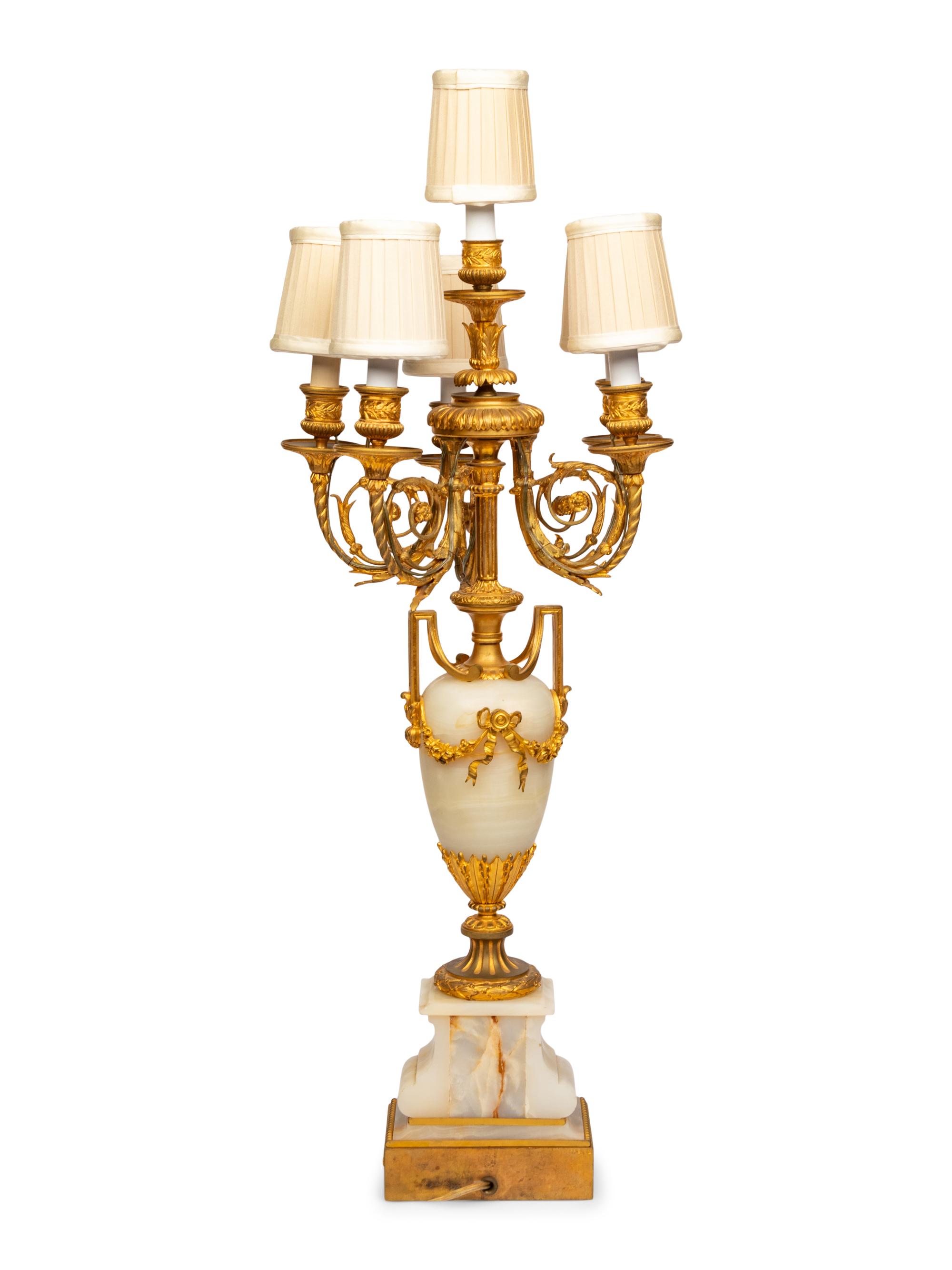 A Gilt Bronze Mounted Alabaster Six-Light Candelabrum
