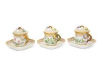 Seven Royal Copenhagen Flora Danica Porcelain Custard Cups and Saucers