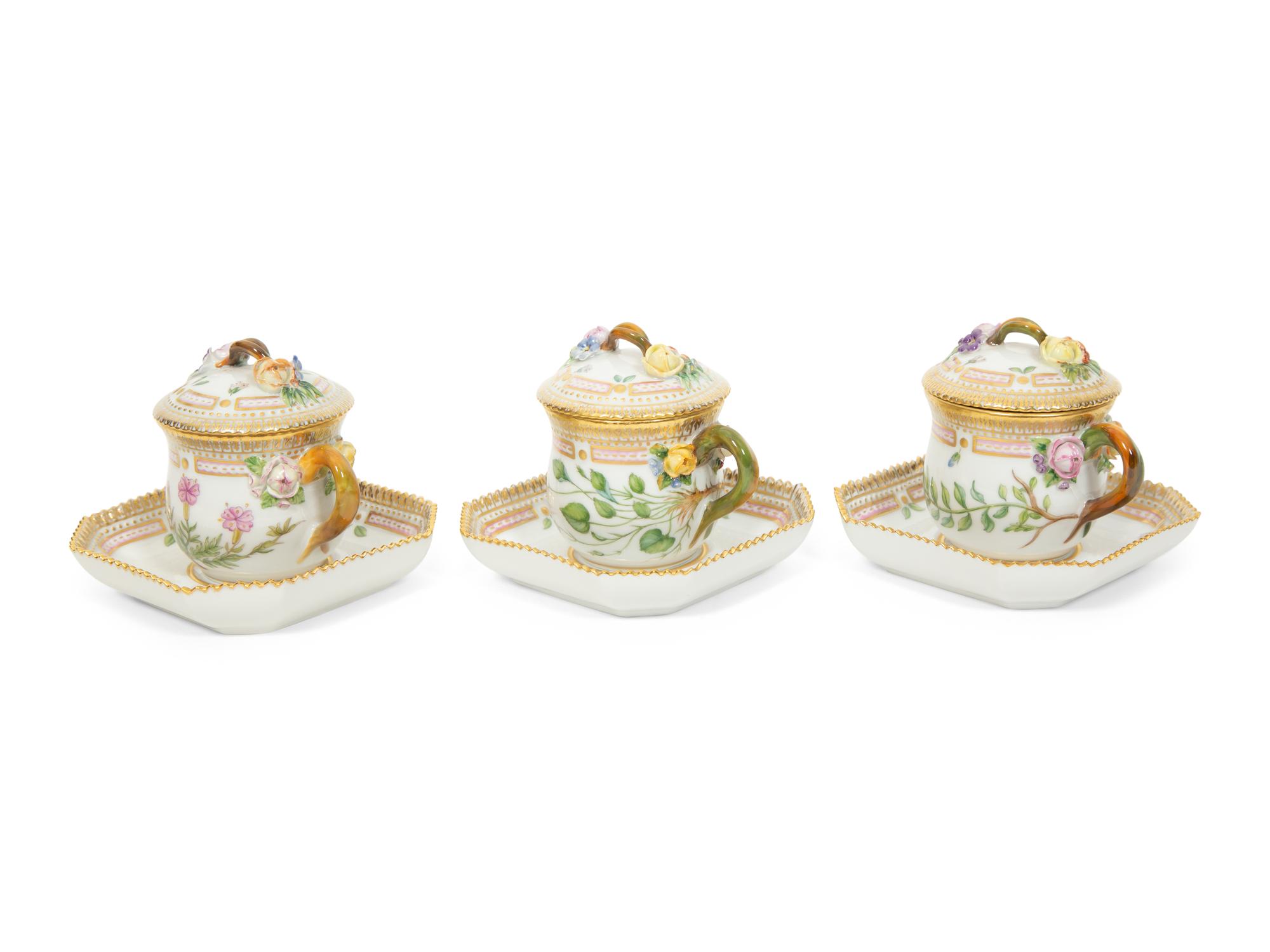 Seven Royal Copenhagen Flora Danica Porcelain Custard Cups and Saucers