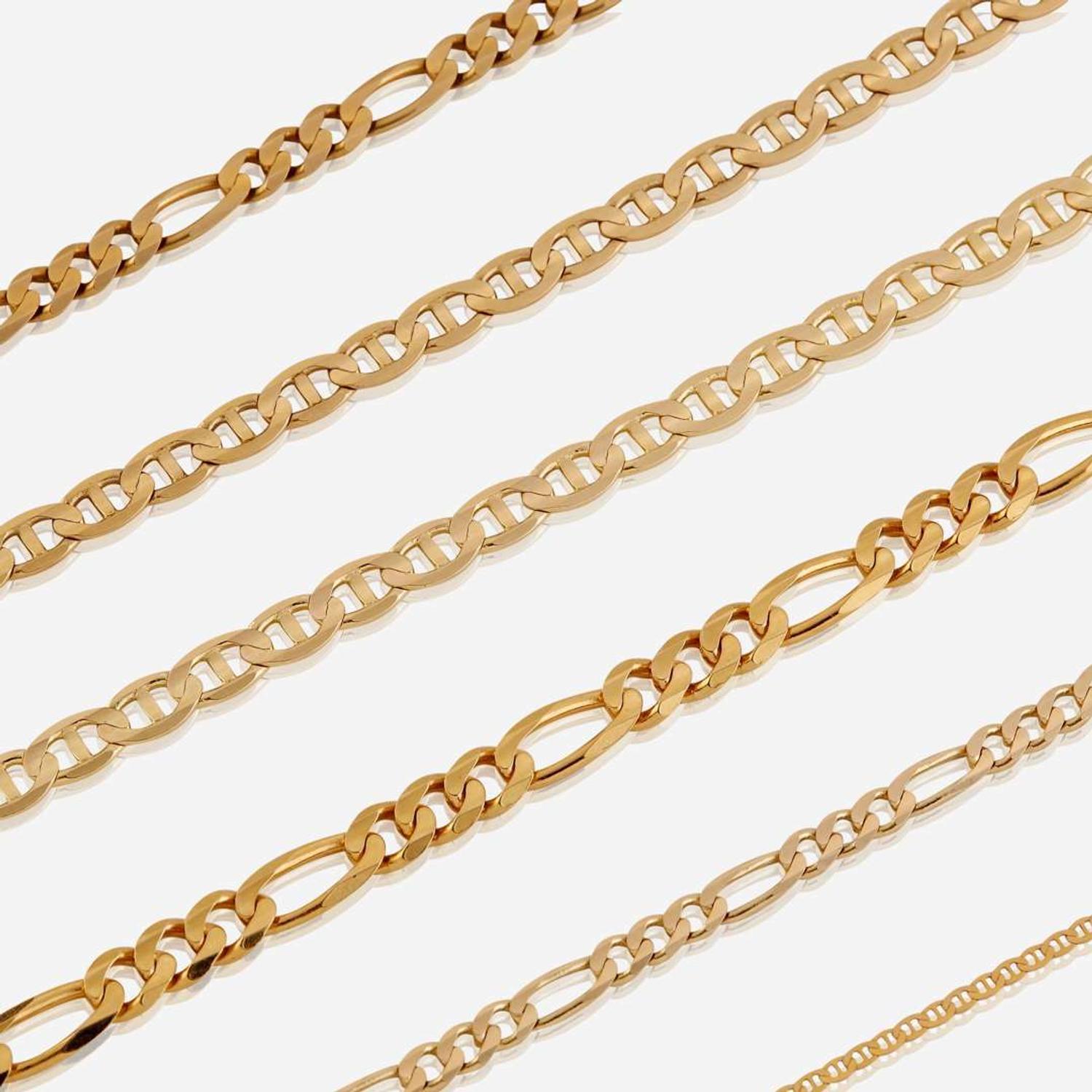 A collection of six fourteen karat gold necklaces