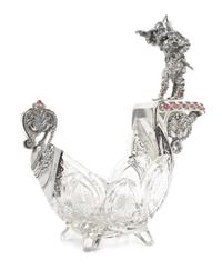 A Large Russian Silver Mounted Cut Glass Centerpiece Kovsh, Mark of Orest Feodorowich Kurliukov, Moscow, Late 19th/Early 20th Century,