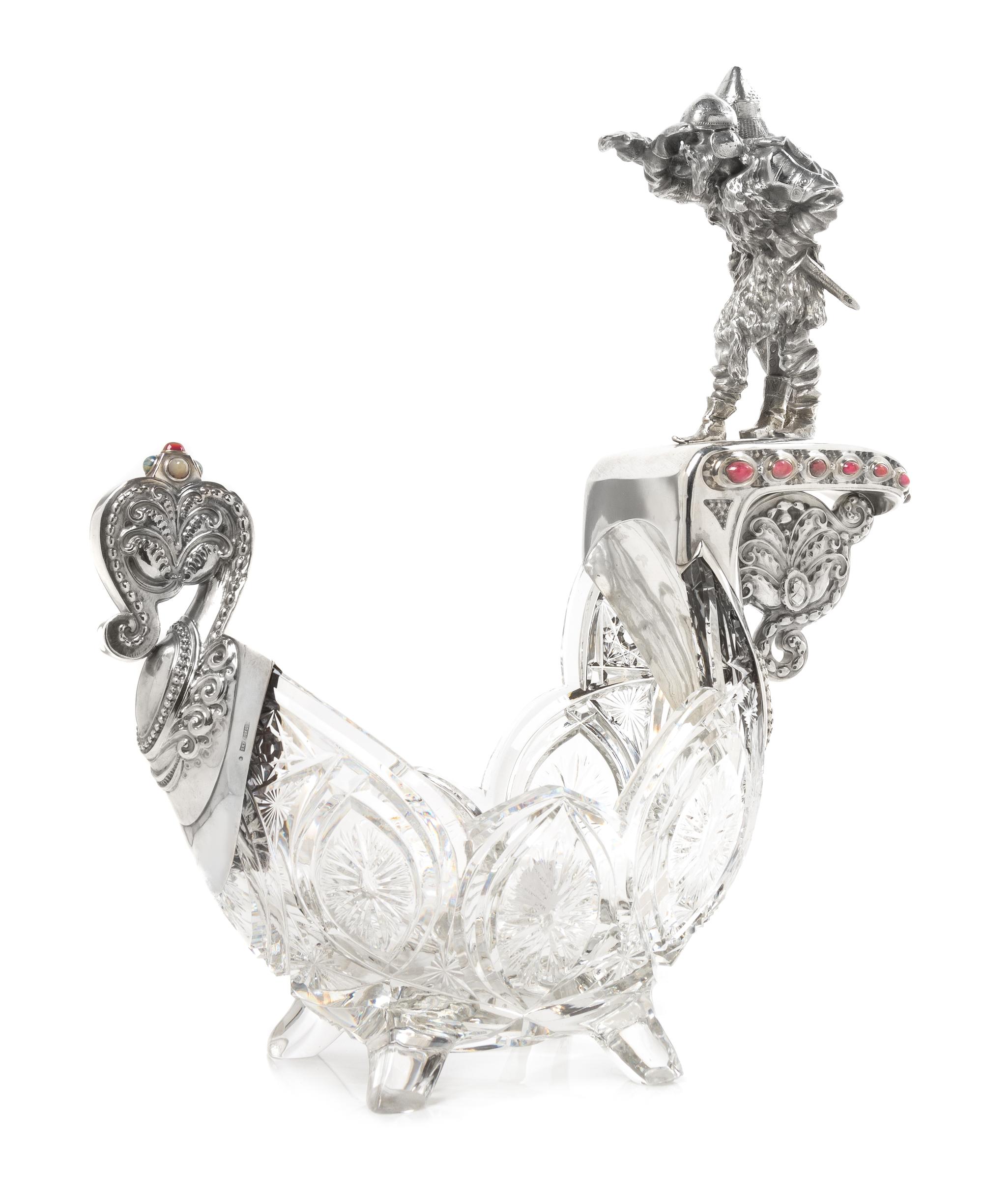 A Large Russian Silver Mounted Cut Glass Centerpiece Kovsh, Mark of Orest Feodorowich Kurliukov, Moscow, Late 19th/Early 20th Century,