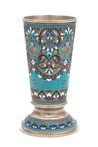 A Russian Enameled Silver Beaker, Mark of Ivan Gubkin, Assay of Vasily Petrov, Moscow, 1884, the tapering body with polychrome floral a