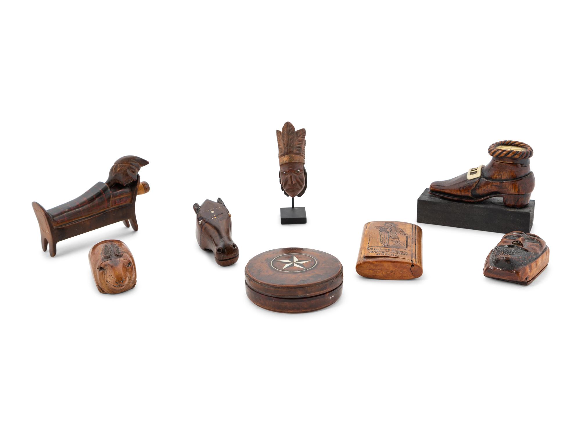 A Group of 8 Folk Art Carved Snuff Boxes and Pipe Stems