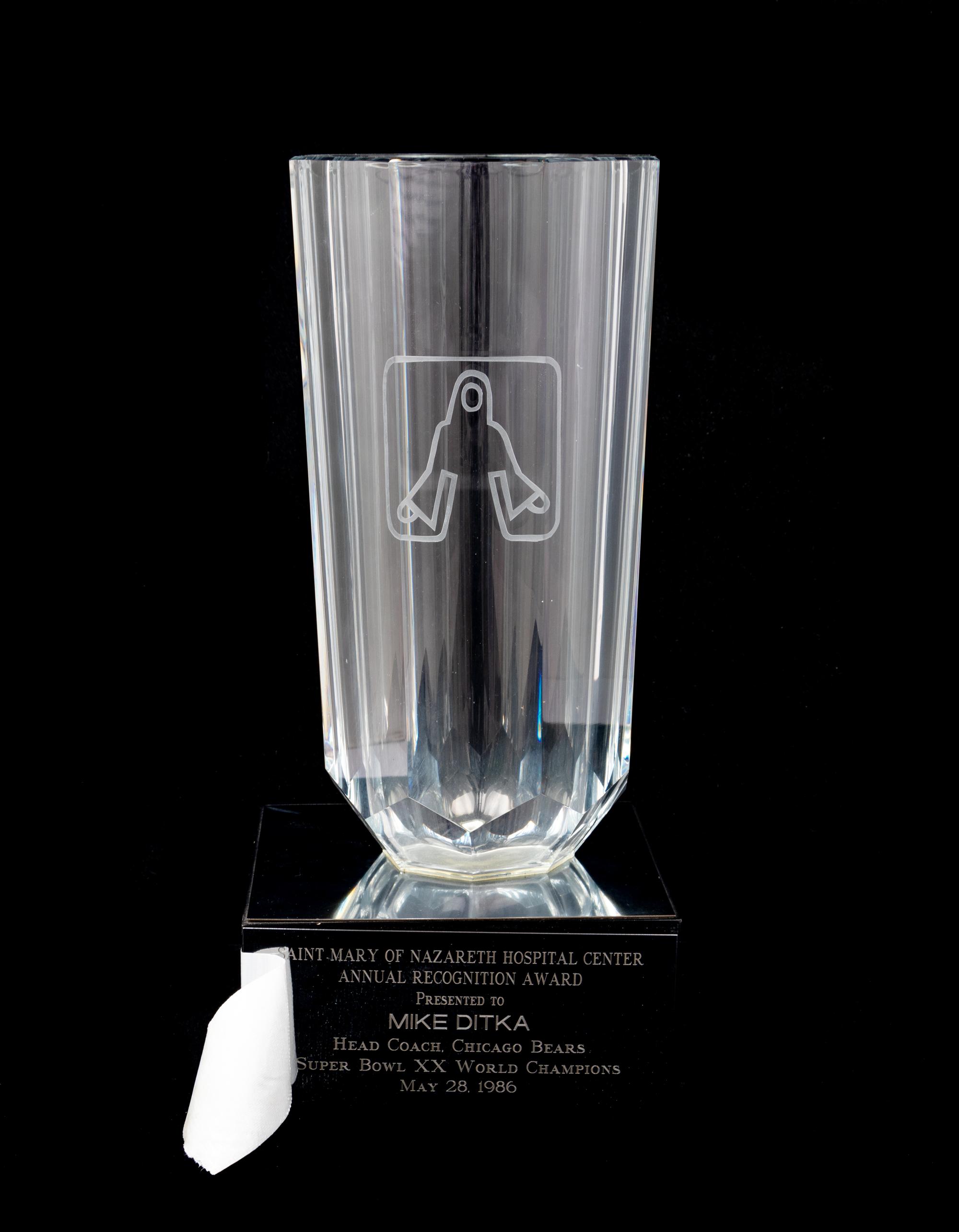 A 1986 Saint Mary of Nazareth Hospital Annual Recognition Award Presented to Mike Ditka Formerly Displayed at Mike Ditka's Restaurant