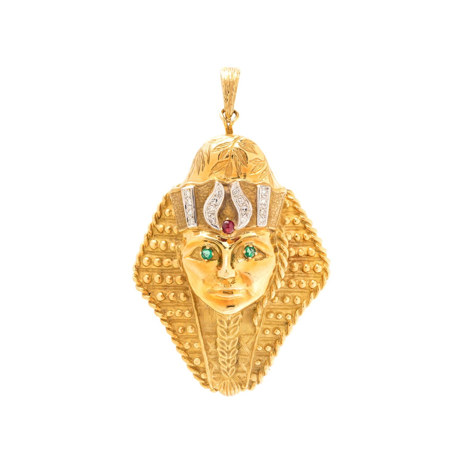 YELLOW GOLD, DIAMOND AND GEMSTONE PHARAOH PENDANT/BROOCH