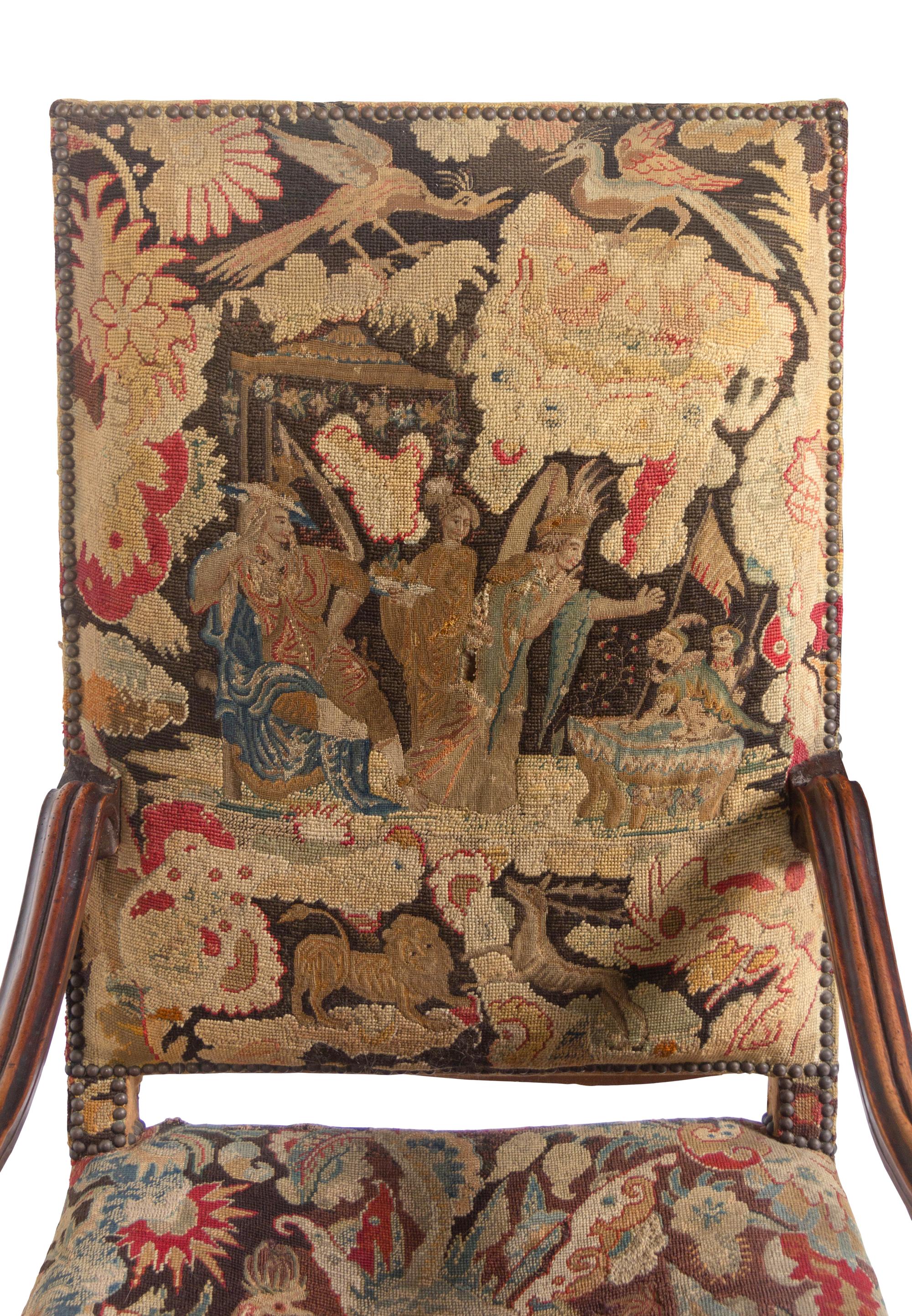 Two William and Mary Walnut Armchairs with Tapestry Upholstery