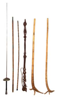 A Collection of Vintage Parasols, Fencing Foils and Walking Sticks Length of longest 44 inches. — 19TH AND 20TH CENTURY