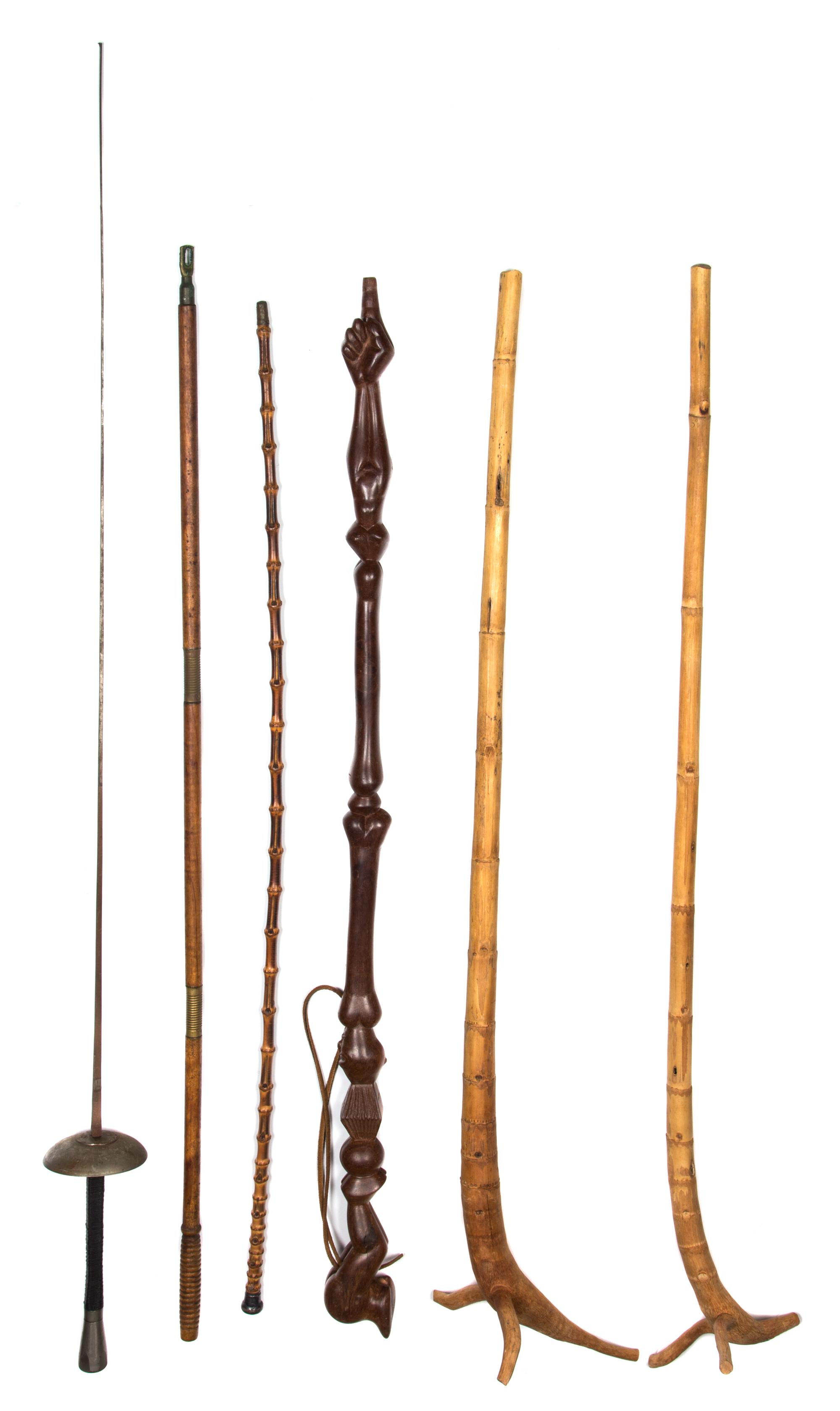 A Collection of Vintage Parasols, Fencing Foils and Walking Sticks Length of longest 44 inches. — 19TH AND 20TH CENTURY