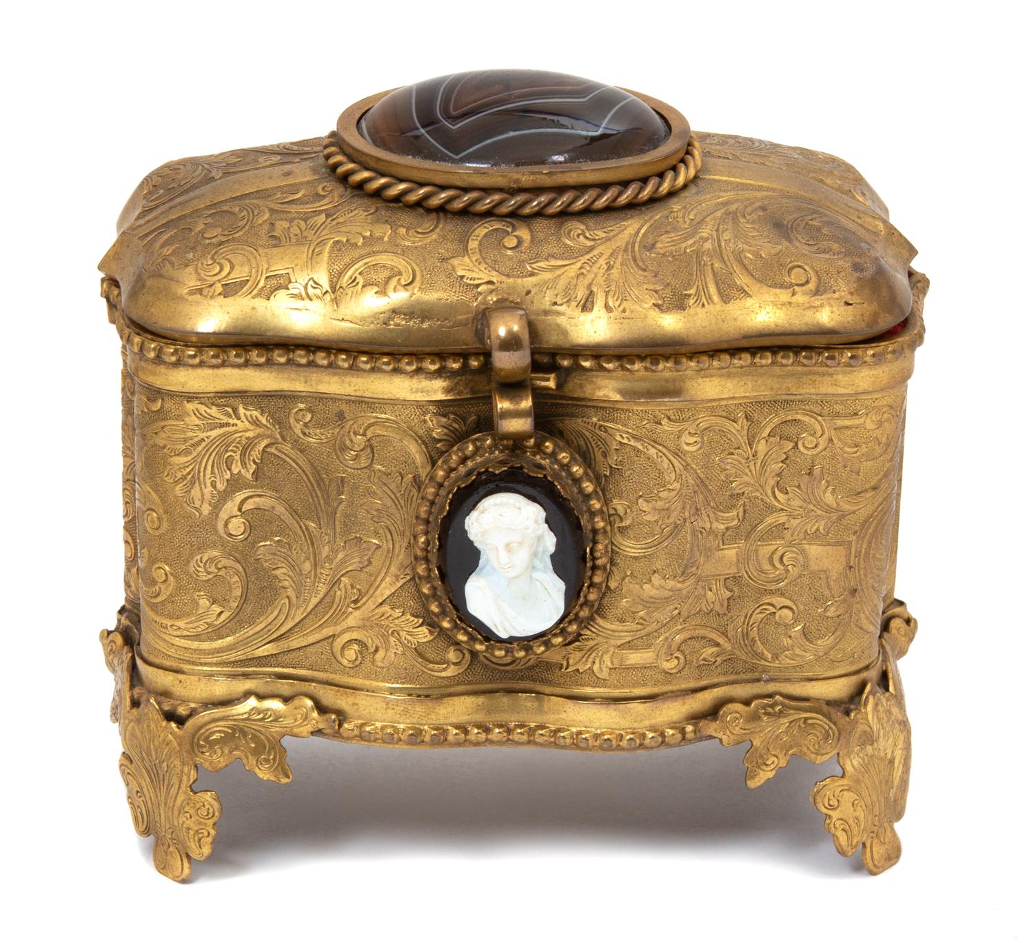 A French Chased Gilt Metal Footed Box Height 4 x width 4 x depth 3 inches. — 19TH CENTURY