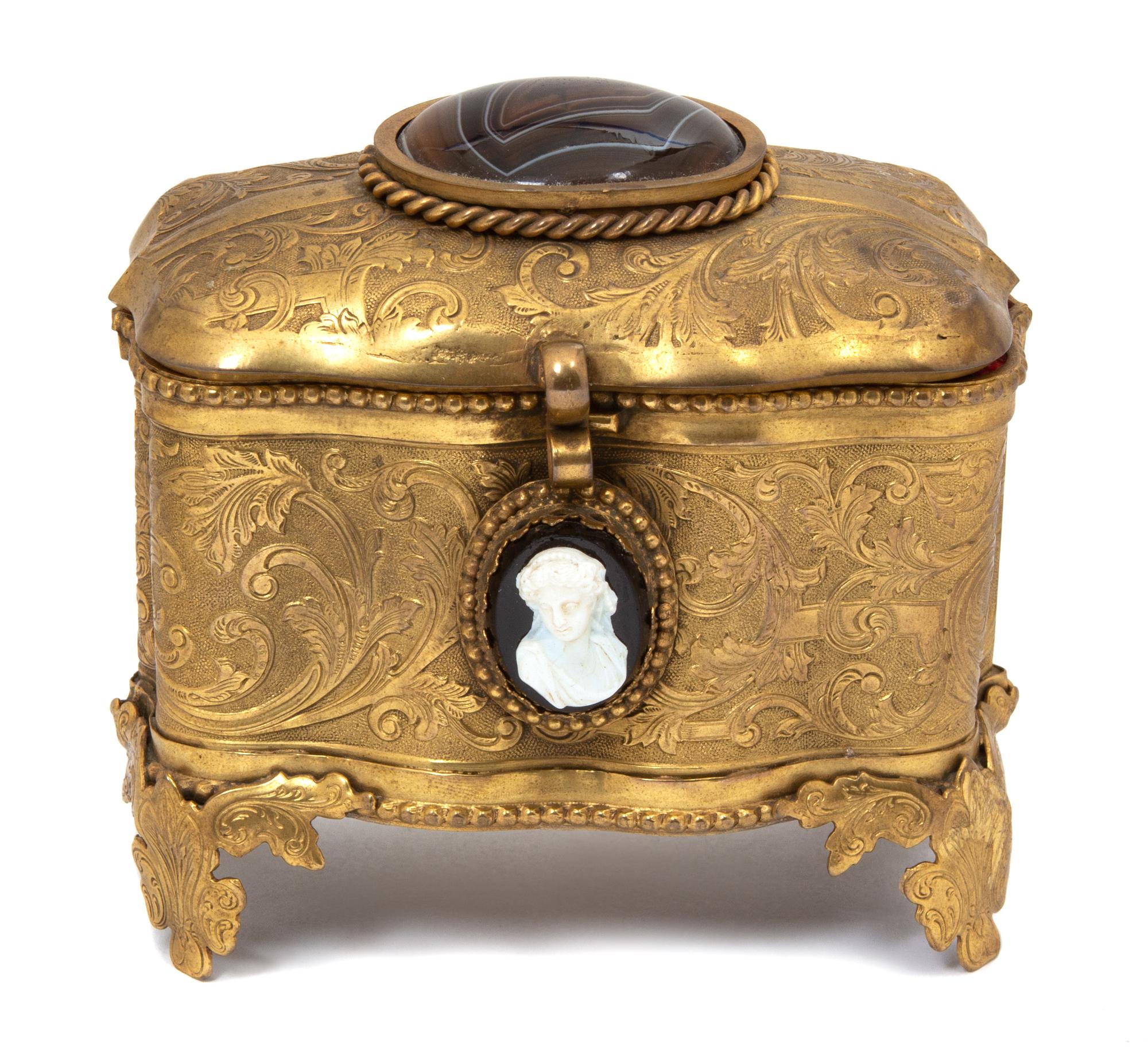 A French Chased Gilt Metal Footed Box Height 4 x width 4 x depth 3 inches. — 19TH CENTURY