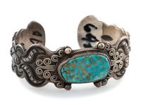 Sterling Silver and Turquoise Cuff Bracelet, with Scalloped Edges