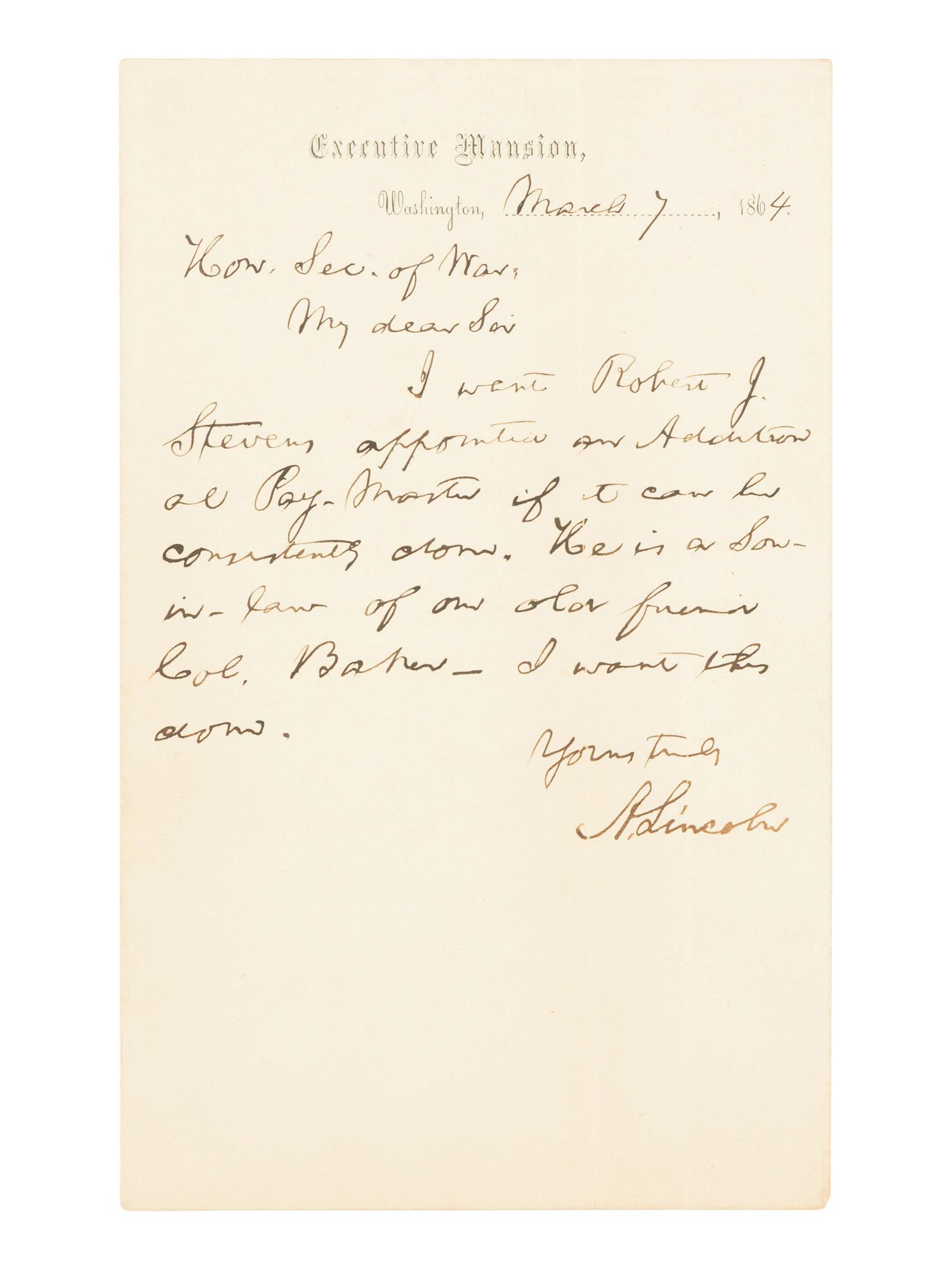 LINCOLN, Abraham (1809-1865). Autograph letter signed ("A. Lincoln") to Secretary of War Edwin Stanton. Washington, D.C., 7 March 1864.