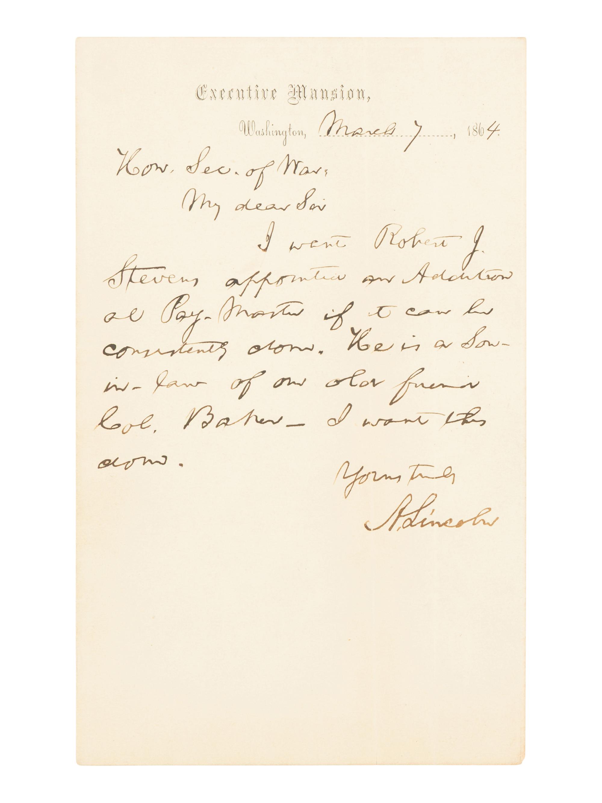 LINCOLN, Abraham (1809-1865). Autograph letter signed ("A. Lincoln") to Secretary of War Edwin Stanton. Washington, D.C., 7 March 1864.