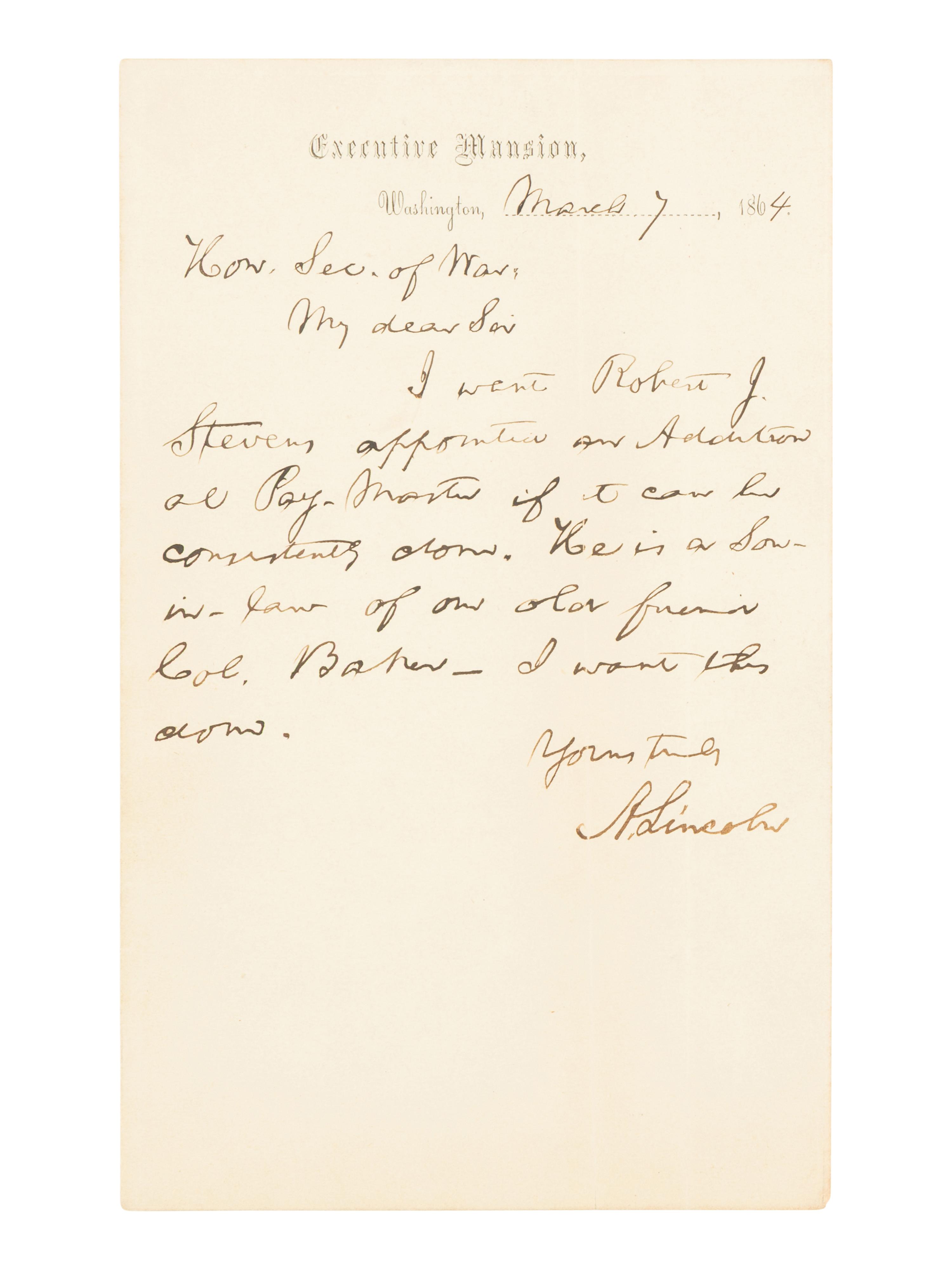 LINCOLN, Abraham (1809-1865). Autograph letter signed ("A. Lincoln") to Secretary of War Edwin Stanton. Washington, D.C., 7 March 1864.