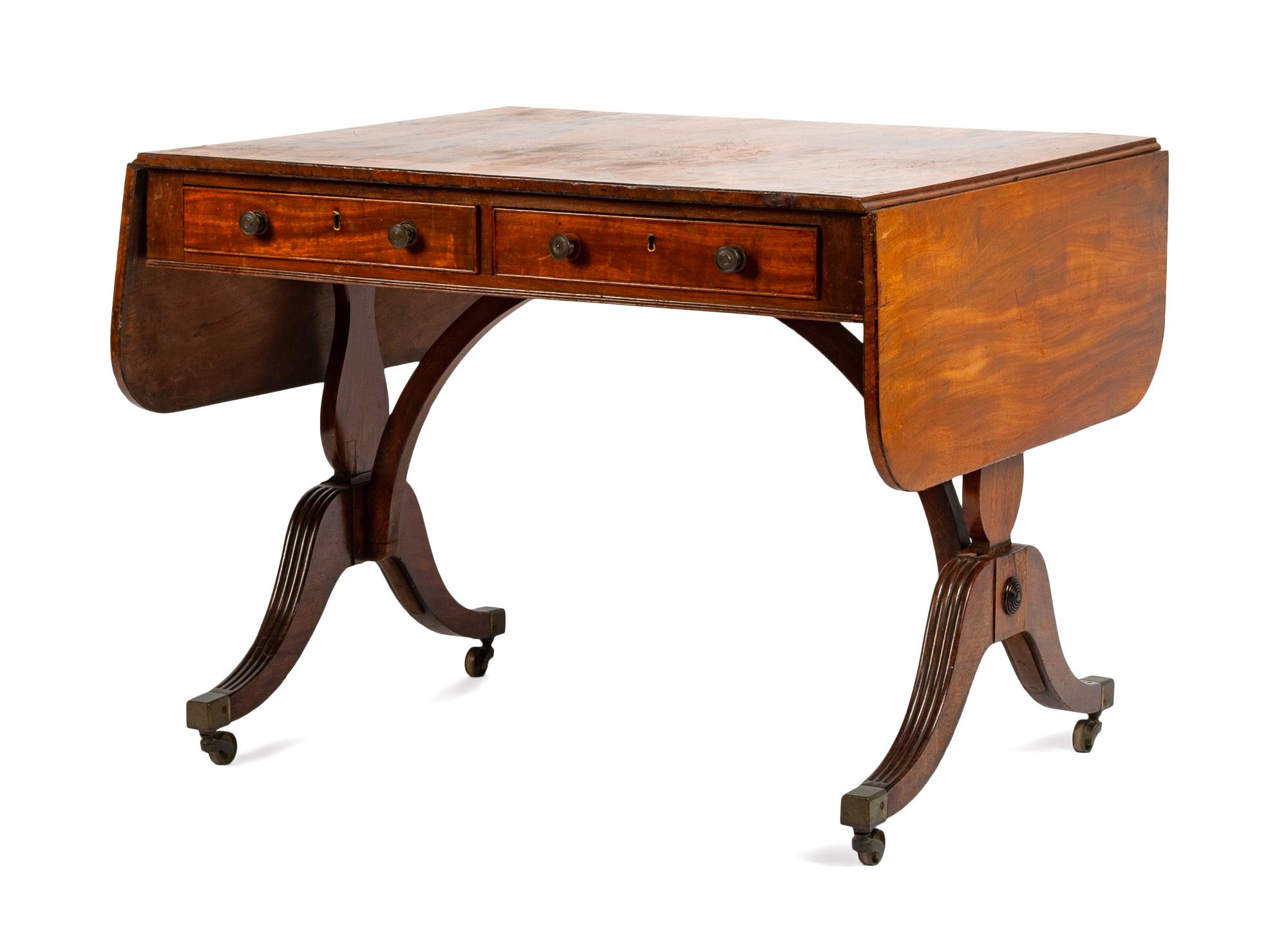 An English Mahogany Drop-Leaf Sofa Table Height 28 1/2 x width 36 1/2 x depth 31 inches (closed). — 19TH CENTURY