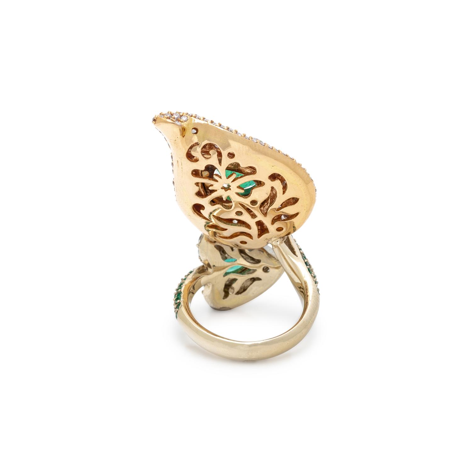 EMERALD, COLORED DIAMOND, AND DIAMOND BYPASS LEAF RING