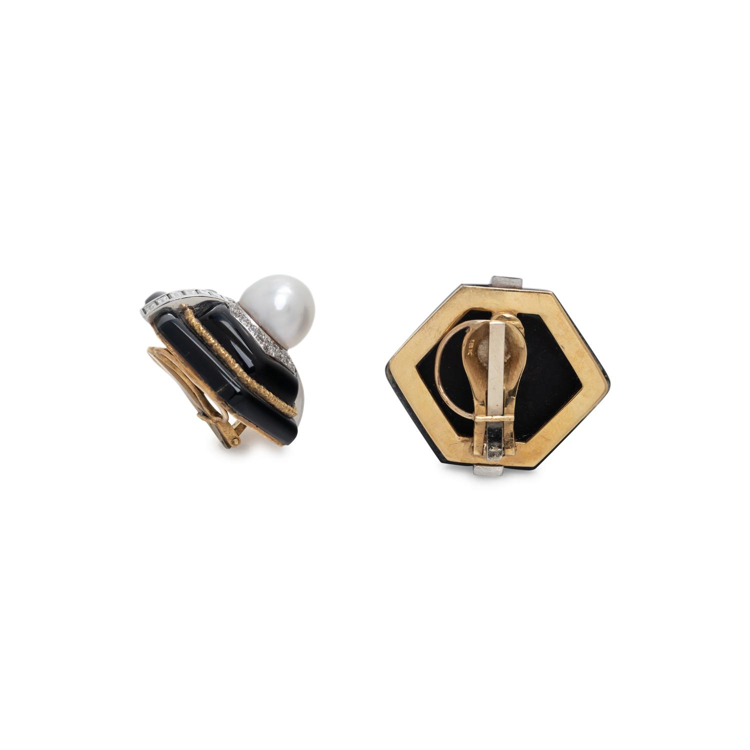 CULTURED PEARL, DIAMOND AND ONYX EARCLIPS