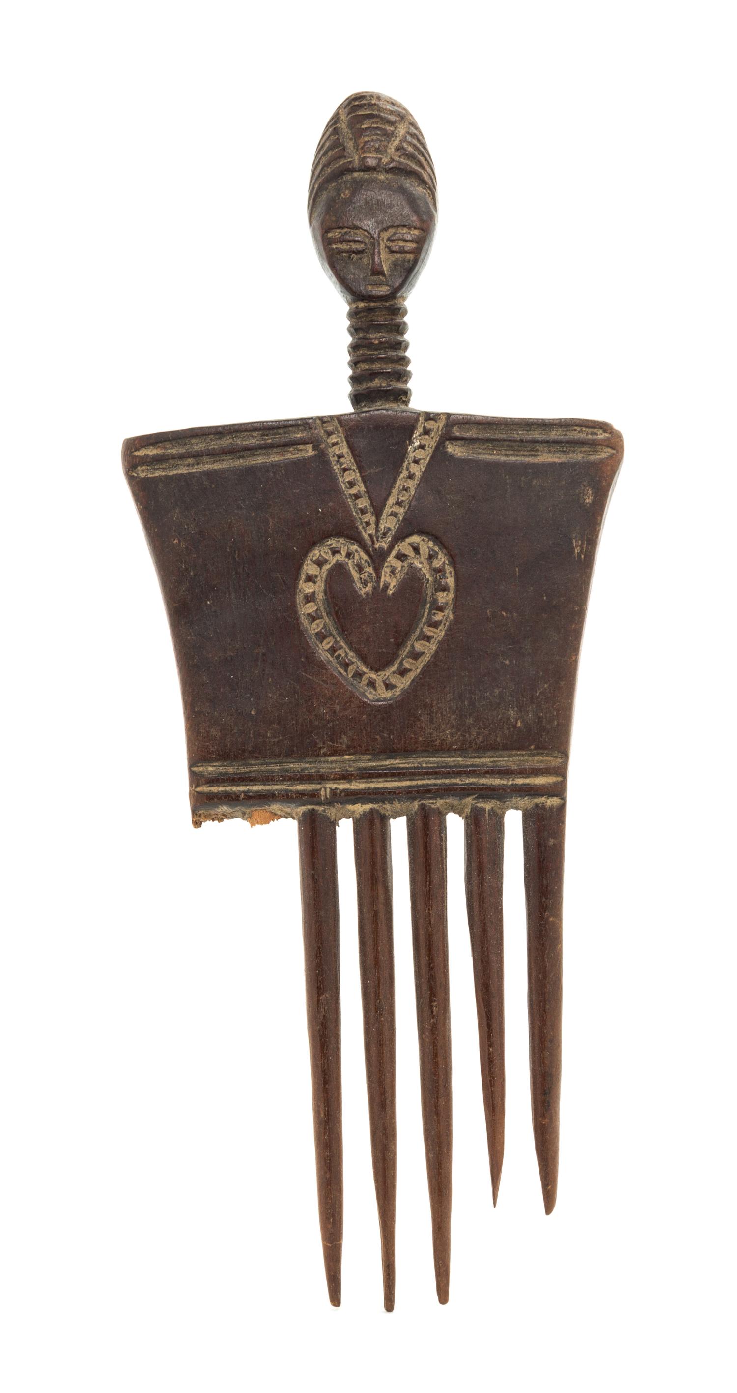 An Baule Carved Wood Comb Height 8 x width 3 1/4 x depth 1/4 inches.