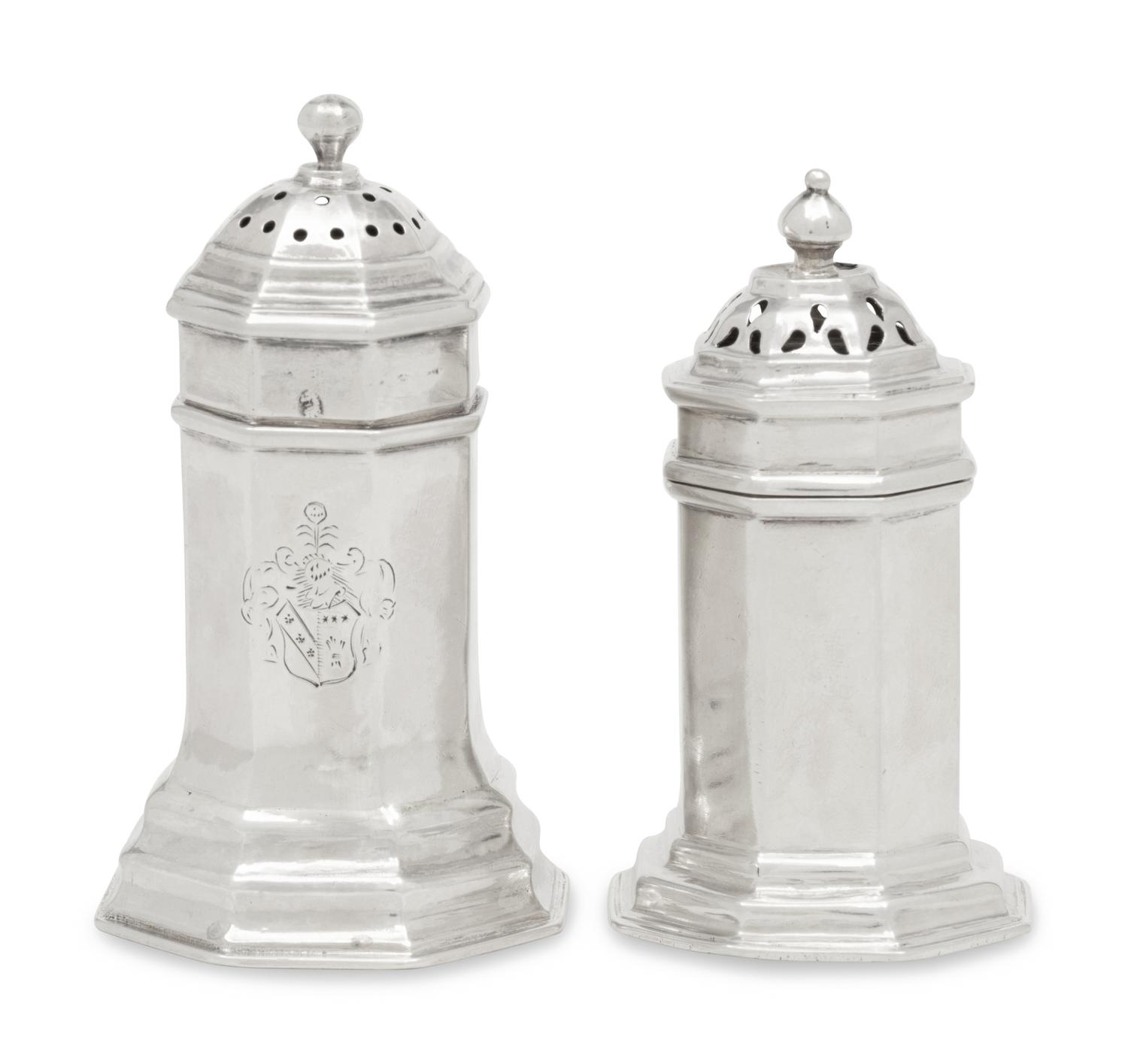 Two Queen Anne Britannia Silver Pepper Boxes
