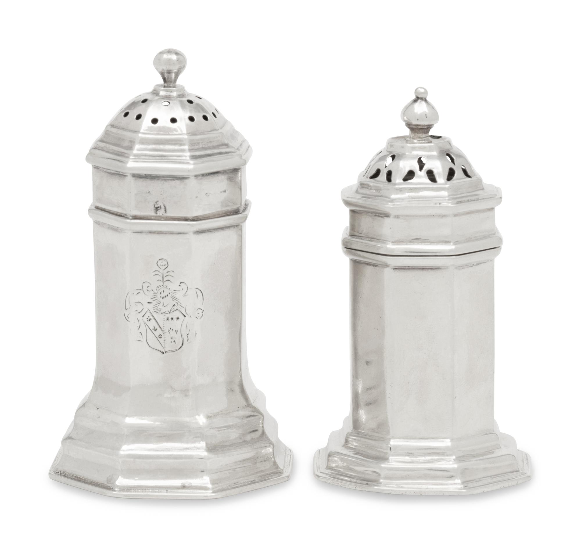 Two Queen Anne Britannia Silver Pepper Boxes