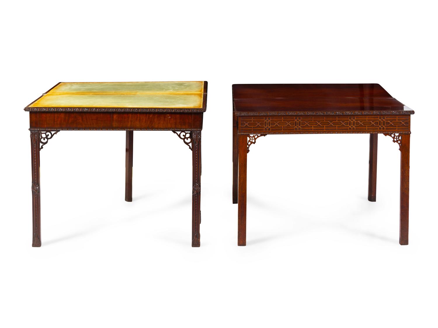 Two Chinese Chippendale Carved and Figured Mahogany Game Tables