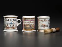 Three Carpentry Related Porcelain Occupational Shaving Mugs