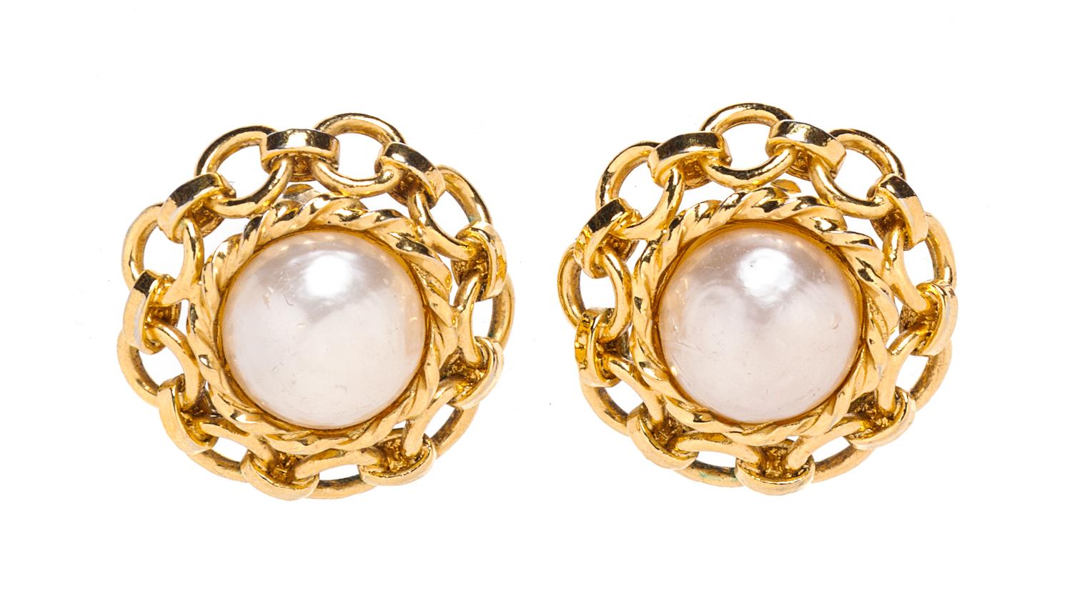 A Pair of Chanel Faux Pearl and Goldtone Earclips, 1.5".