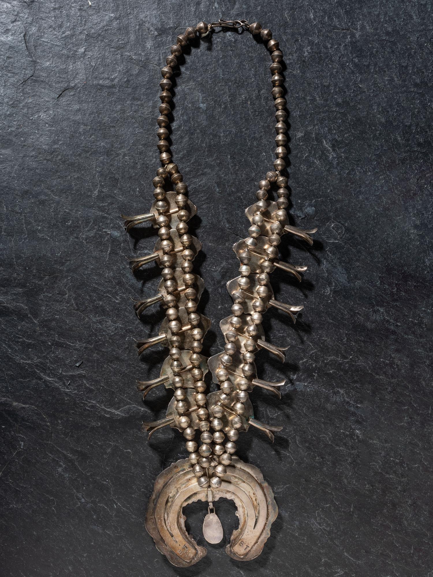 Silver, Turquoise, and Coral Squash Blossom Necklace