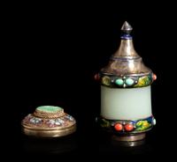 A Chinese Jade Mounted Silver Metal Snuff Bottle and A Chinese Jadeite Inset Gilt Filigree Pill Box