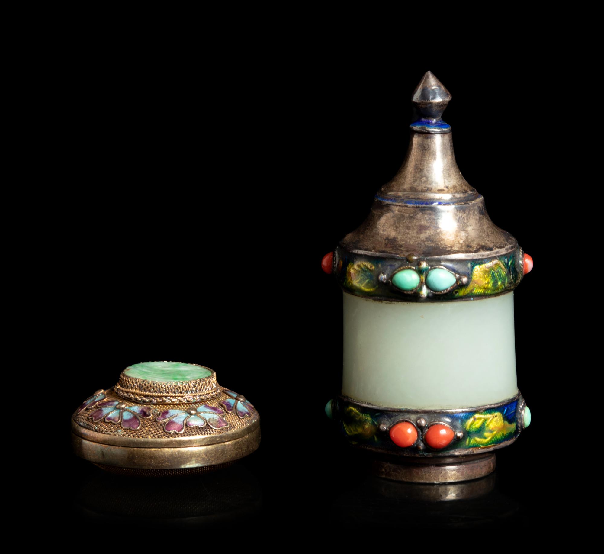 A Chinese Jade Mounted Silver Metal Snuff Bottle and A Chinese Jadeite Inset Gilt Filigree Pill Box