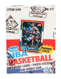 An Unopened Box of 1986-87 Fleer Basketball Cards (36 Packs) Featuring All Original Wax Packs As Issued By Fleer With One Michael Jordan Rookie Card No. 57 Showing On Top of Pack and Four Jordan Stickers (BBCE Authenticated)