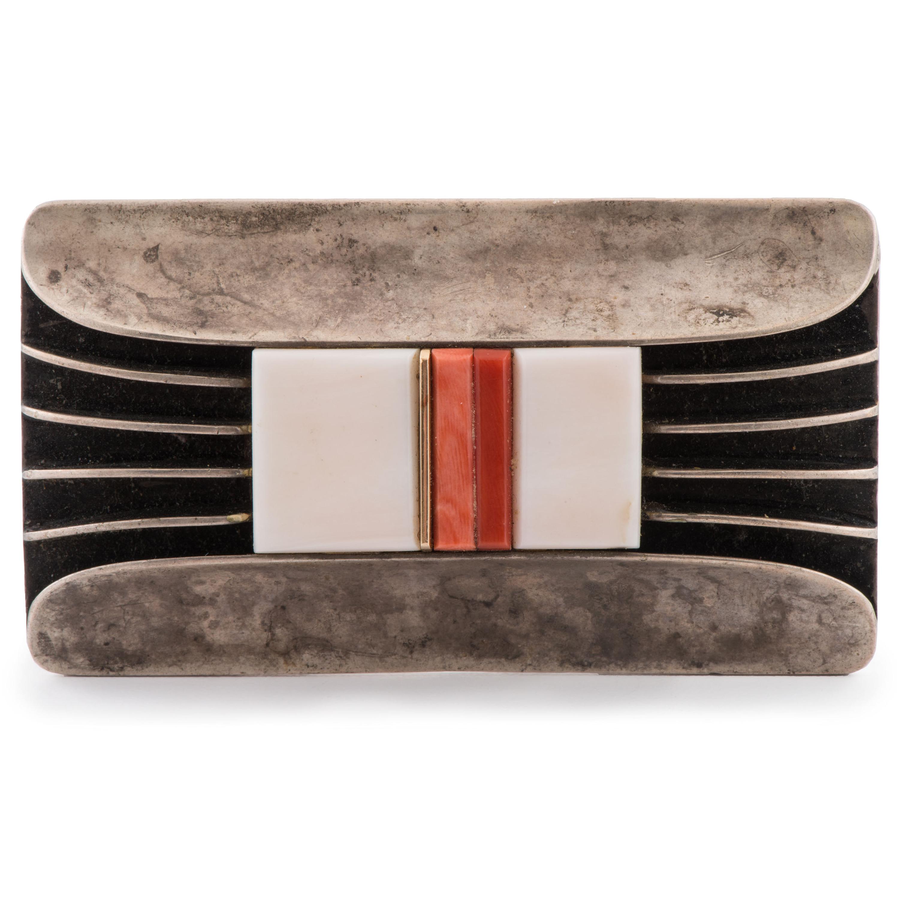 Silver, Coral, and Shell Belt Buckle, Accented with Gold