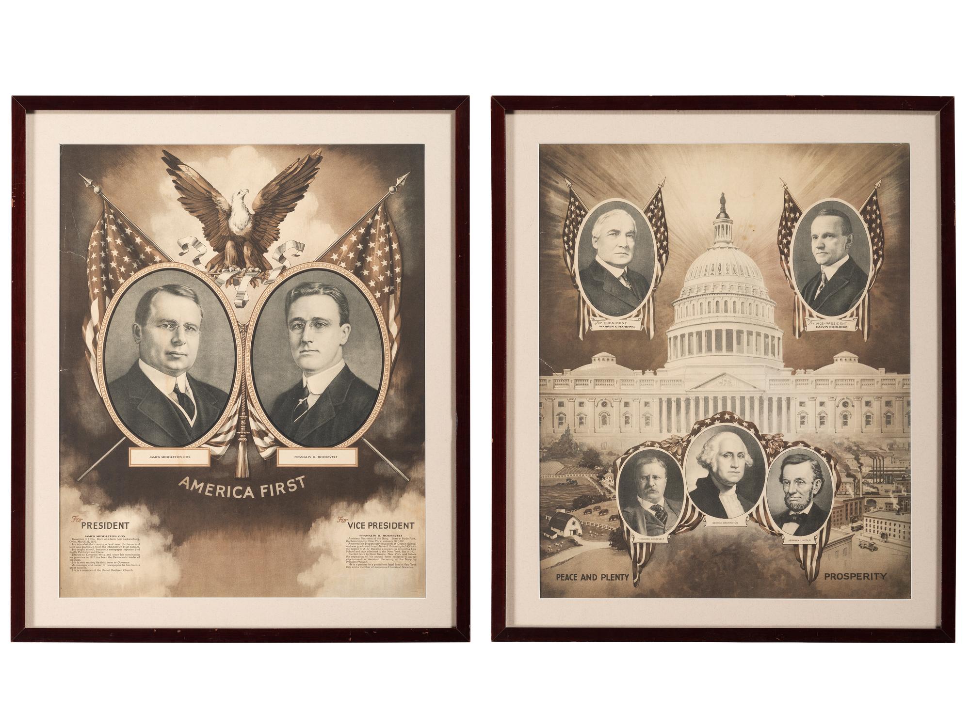 [POLITICS]. A pair of jugate campaign posters promoting Cox & Roosevelt and Harding & Coolidge from the 1920 election.