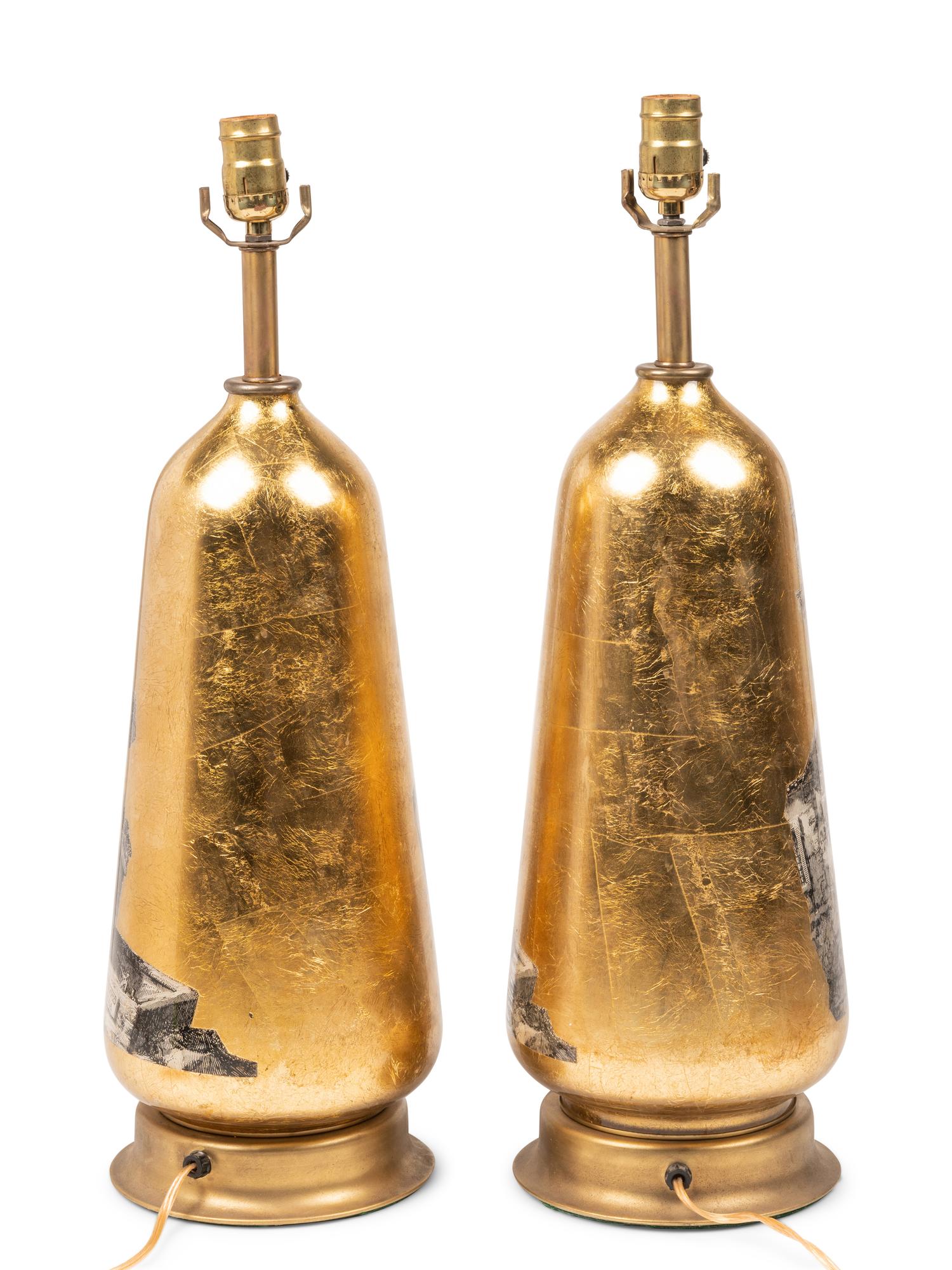 A Pair of Decoupaged Glass Table Lamps in the Style of Fornasetti