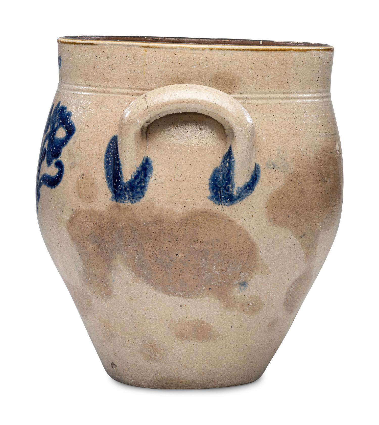 A Daniel Fisk Four Gallon Cobalt Decorated Stoneware Crock