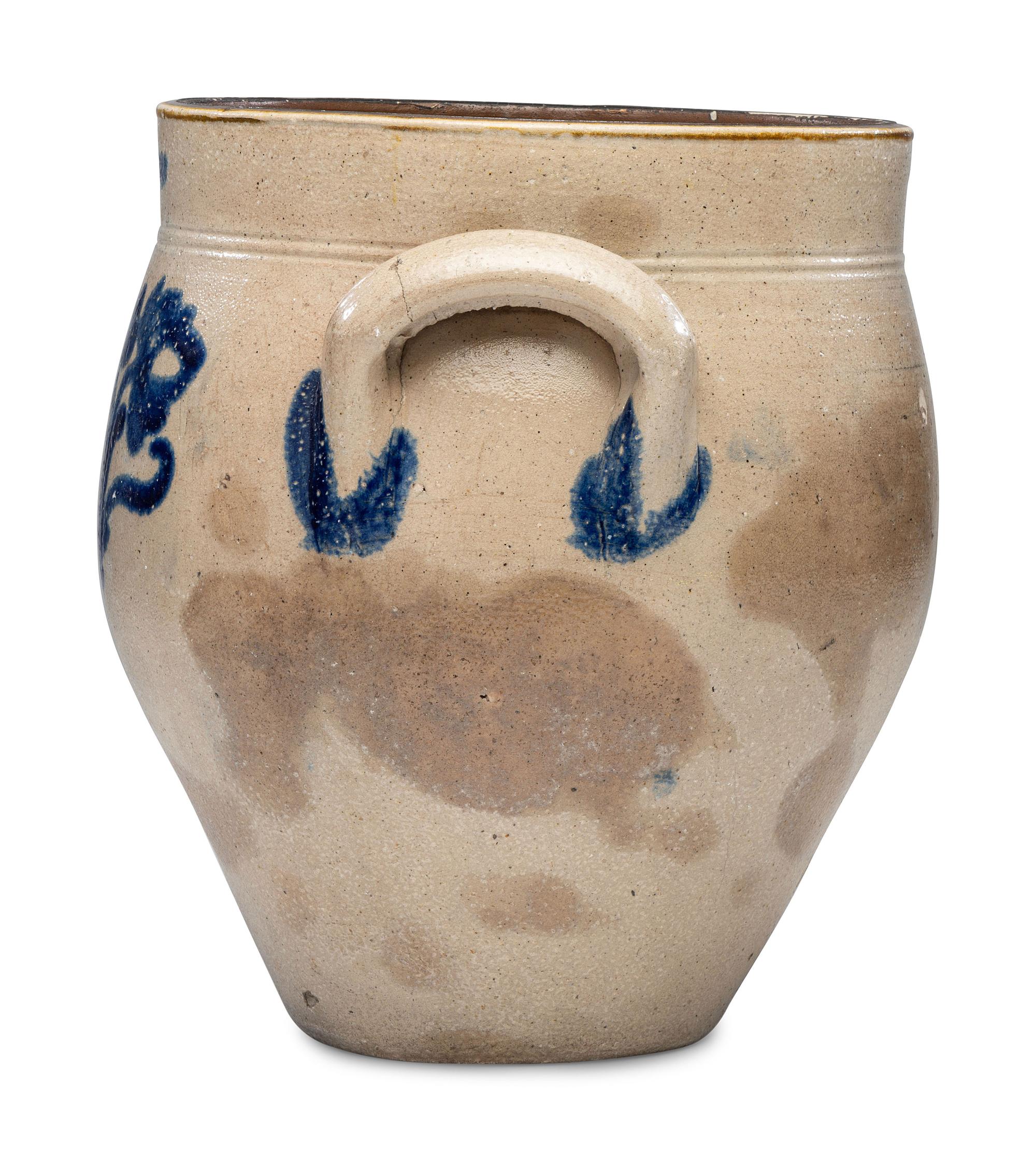 A Daniel Fisk Four Gallon Cobalt Decorated Stoneware Crock