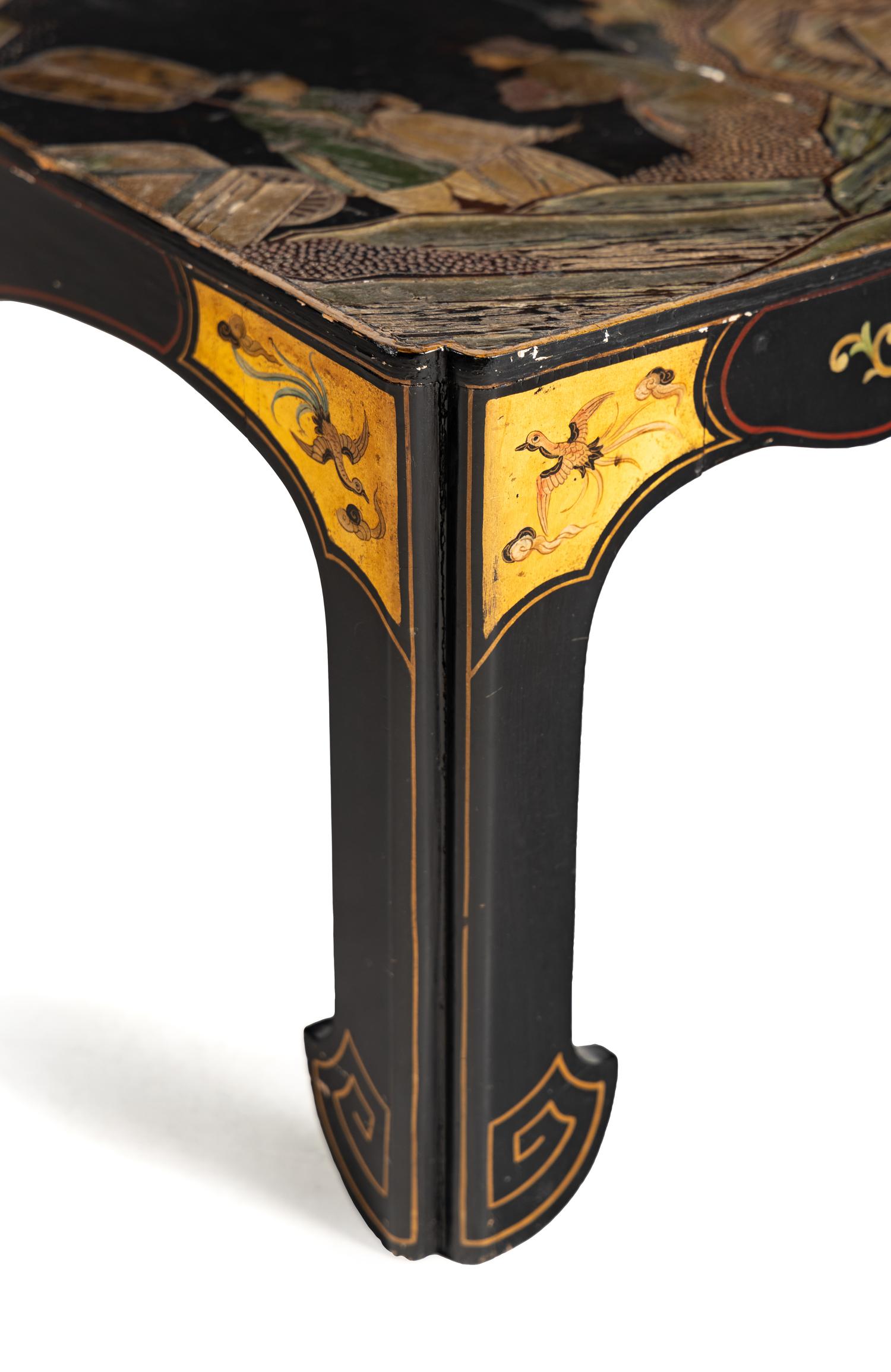 A Chinese Black and Polychrome Lacquered Low Table, 18th-19th Century 清中期 黑地款彩人物故事漆屏改炕案