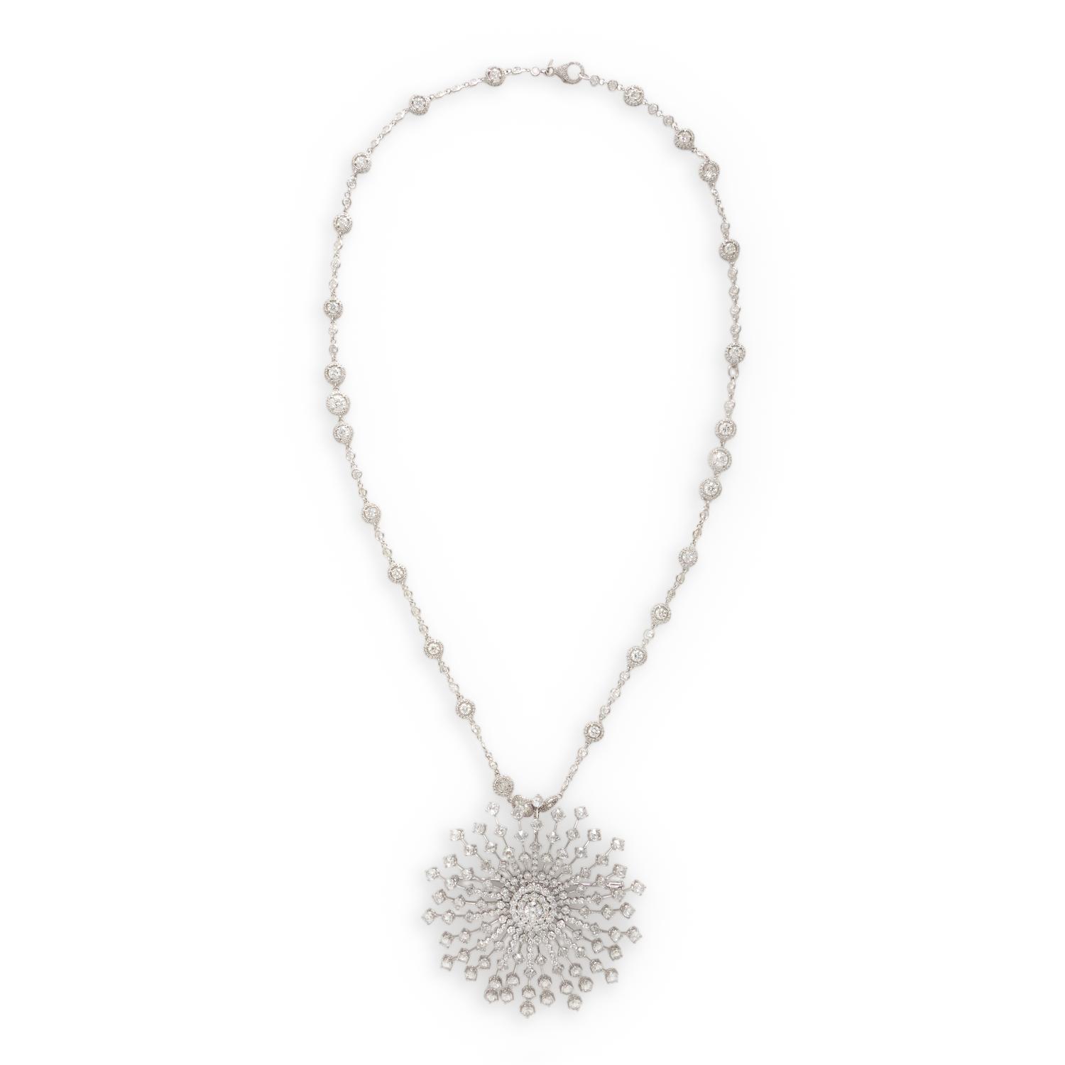 White Gold and Diamond Starburst Pendant and Station Necklace