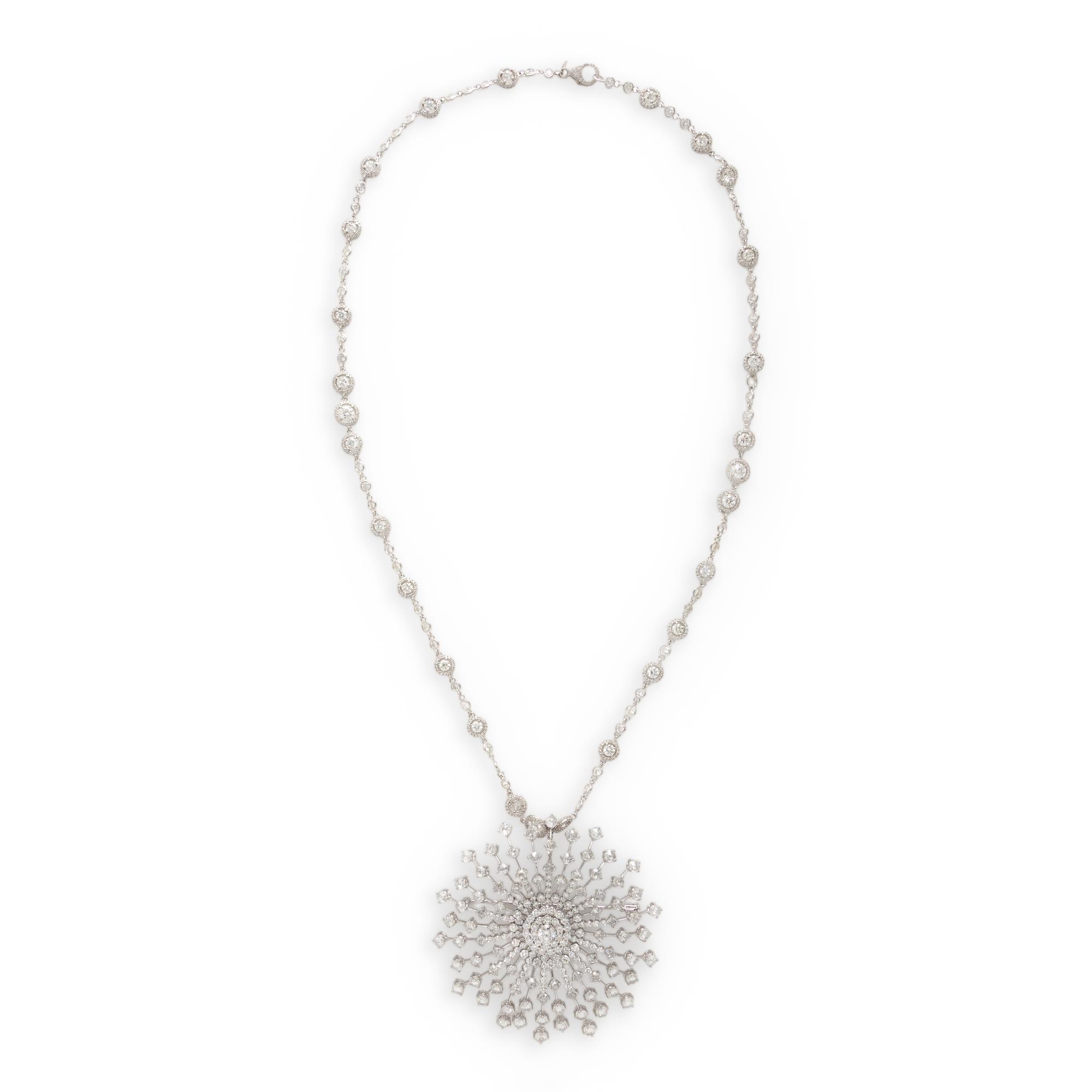 White Gold and Diamond Starburst Pendant and Station Necklace
