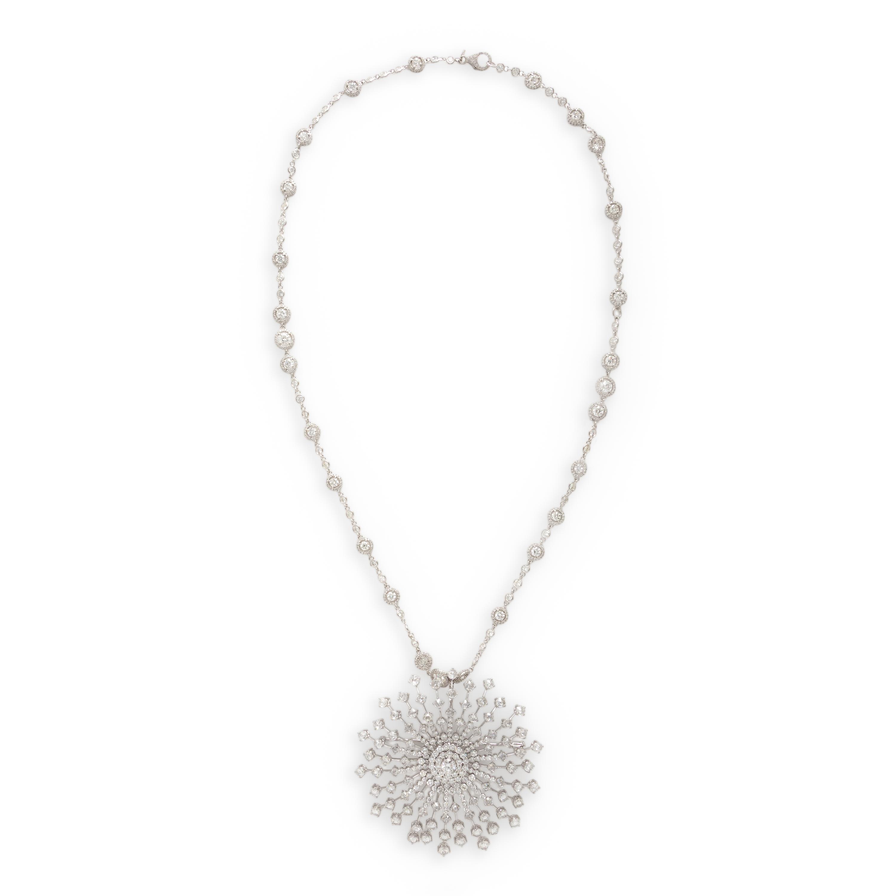White Gold and Diamond Starburst Pendant and Station Necklace