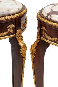 A Pair of Louis XV Style Gilt Bronze Mounted Marble-Top Side Tables