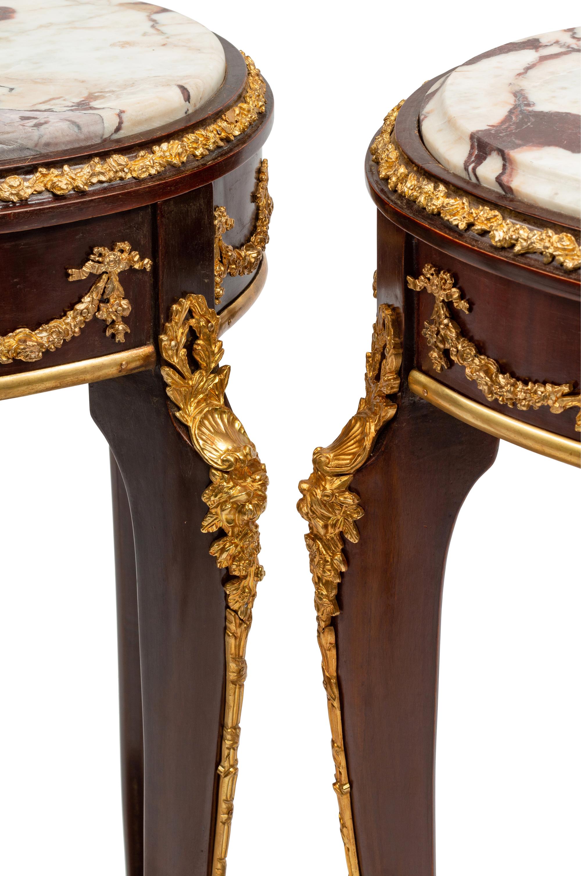 A Pair of Louis XV Style Gilt Bronze Mounted Marble-Top Side Tables