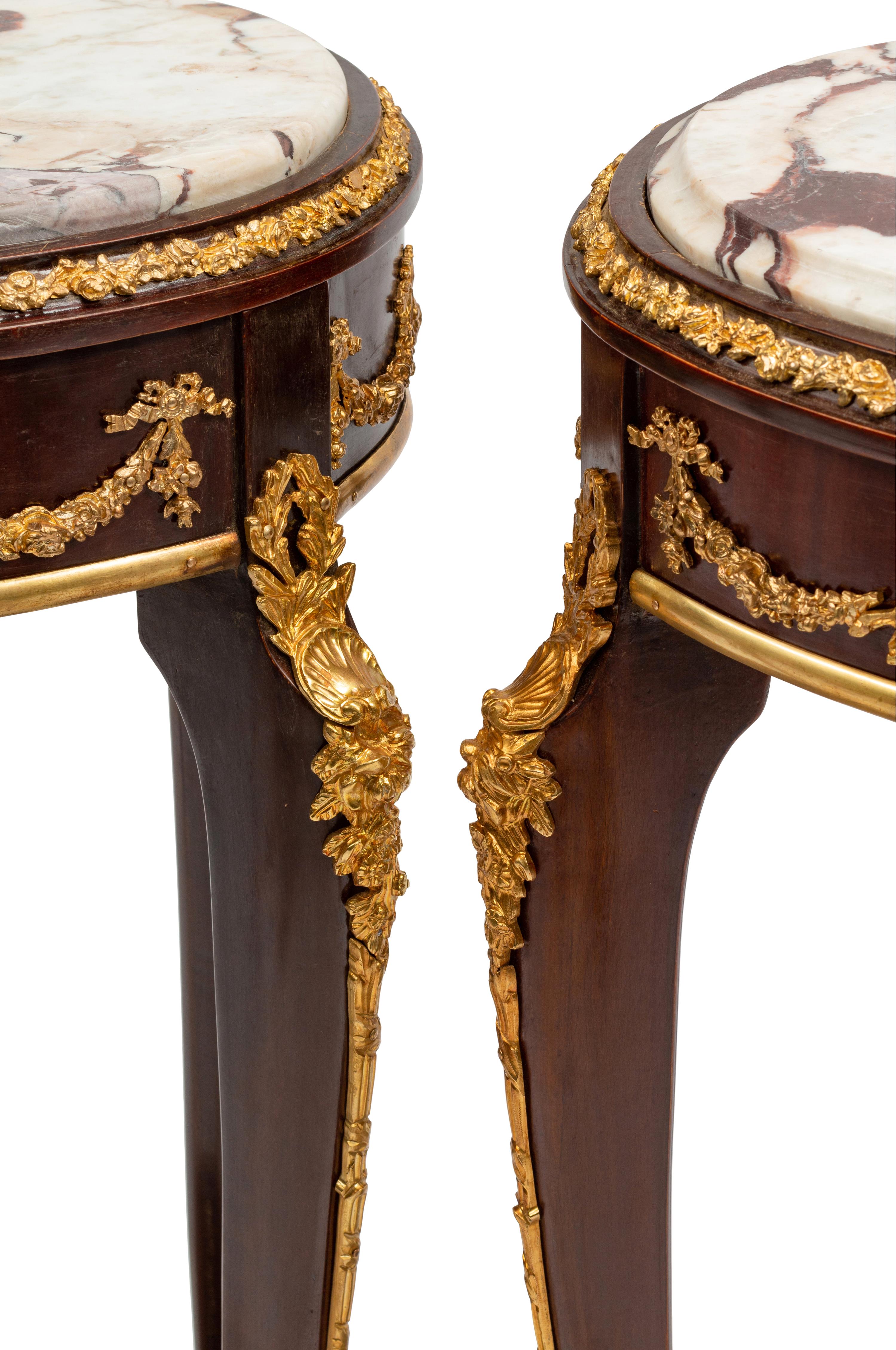 A Pair of Louis XV Style Gilt Bronze Mounted Marble-Top Side Tables