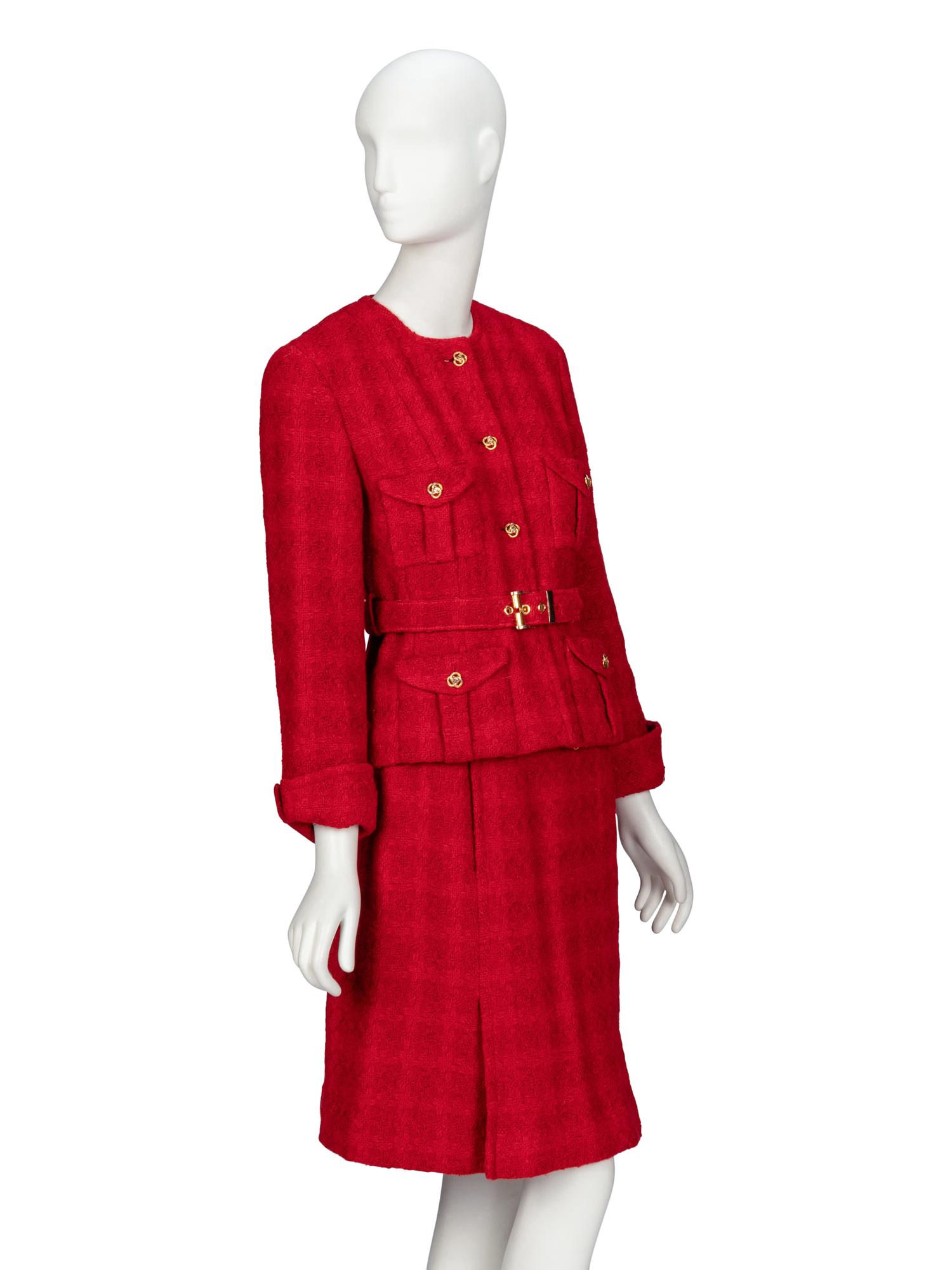 Chanel, Red Bouclé Tweed Skirt Suit