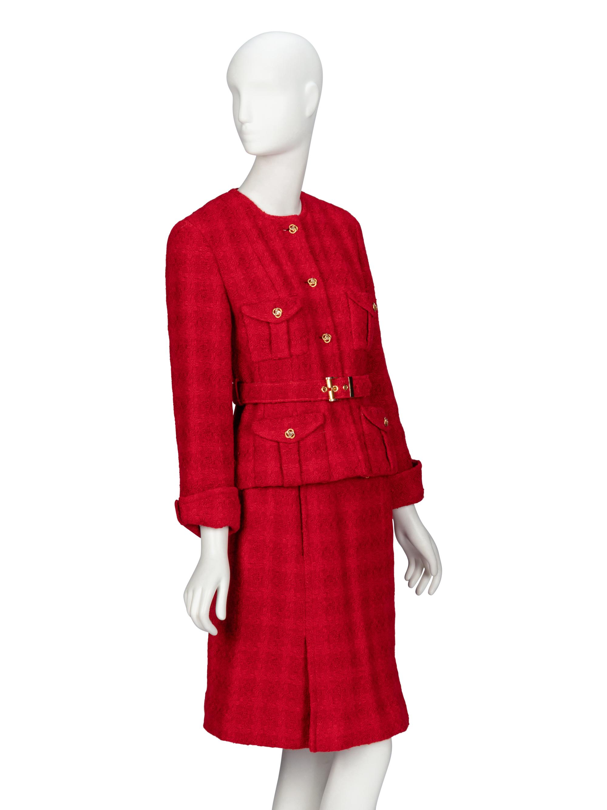 Chanel, Red Bouclé Tweed Skirt Suit