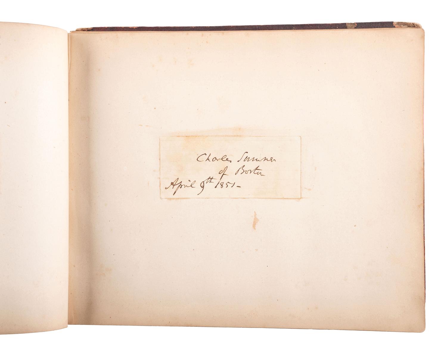 [CIVIL WAR]. Autograph book identified to Lucritia Taft Flagg, featuring signatures of assorted 19th-century figures including D.L. MOODY, Lewis CASS, Charles SUMNER, William H. SEWARD, and others.