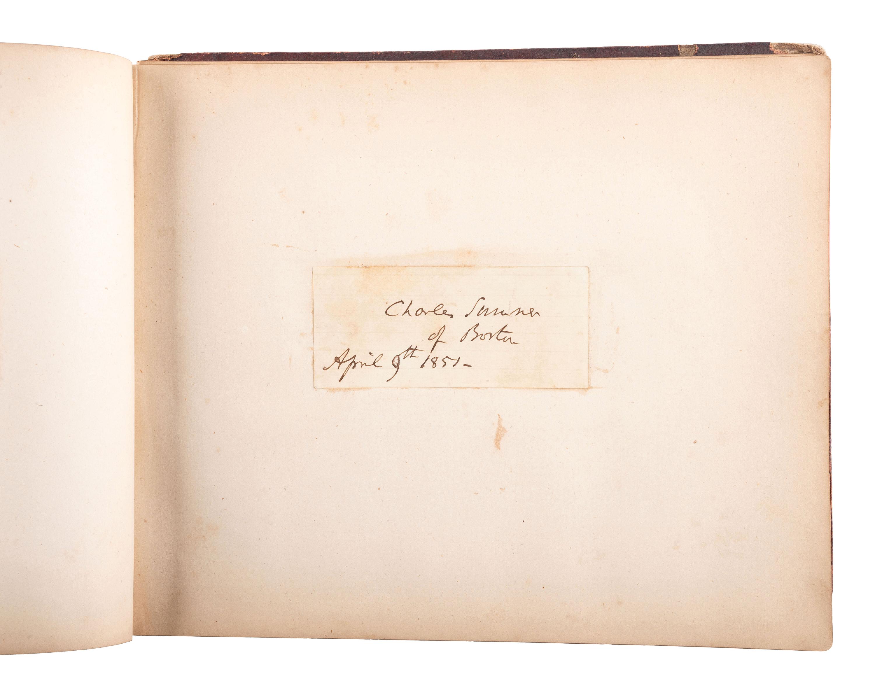 [CIVIL WAR]. Autograph book identified to Lucritia Taft Flagg, featuring signatures of assorted 19th-century figures including D.L. MOODY, Lewis CASS, Charles SUMNER, William H. SEWARD, and others.