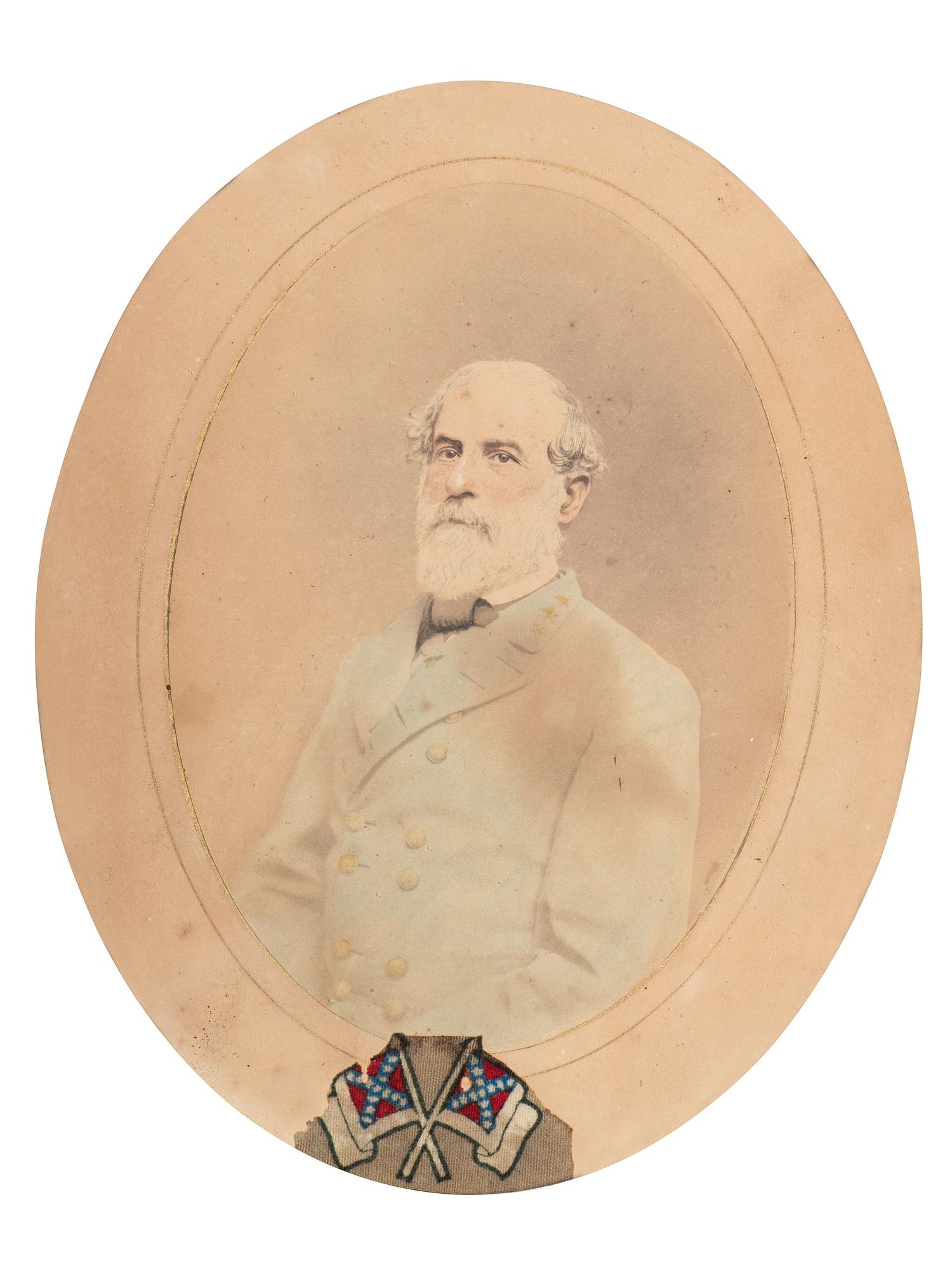 [LEE, Robert E. (1807-1870)]. Albumen photograph of Robert E. Lee with fabric identified as piece of General Lee's uniform.