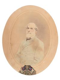 [LEE, Robert E. (1807-1870)]. Albumen photograph of Robert E. Lee with fabric identified as piece of General Lee's uniform.